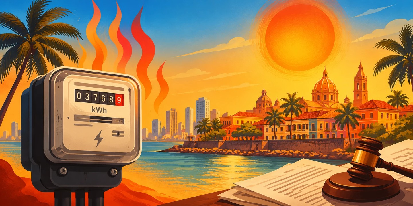 El calor no se resuelve con una Resolución CREG – portada Medidor de energía humeante frente al malecón de Cartagena bajo un sol intenso, con un mazo judicial en primer plano, ilustrando la columna sobre la Resolución CREG y el Plan Energía YA