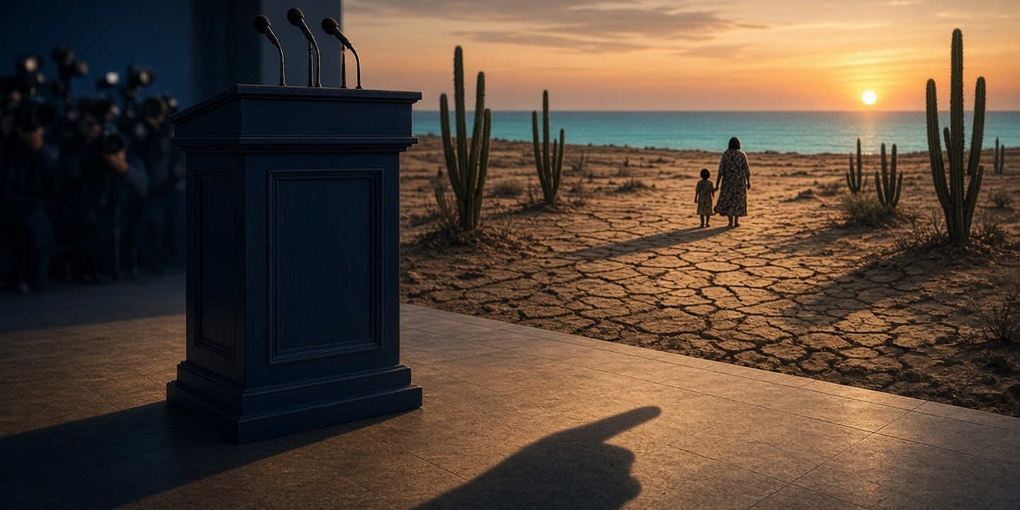 Atril presidencial vacío con micrófonos y la sombra de un dedo que señala, frente al desierto agrietado de La Guajira, donde una mujer wayuu camina con una niña hacia el mar al atardecer