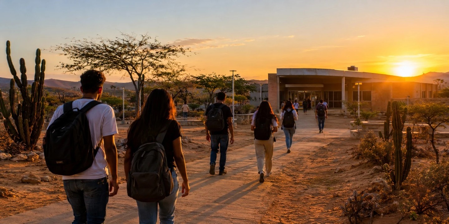 Grupo de estudiantes universitarios de espaldas, con mochilas, caminando hacia un edificio universitario al atardecer en un paisaje árido tipo La Guajira
