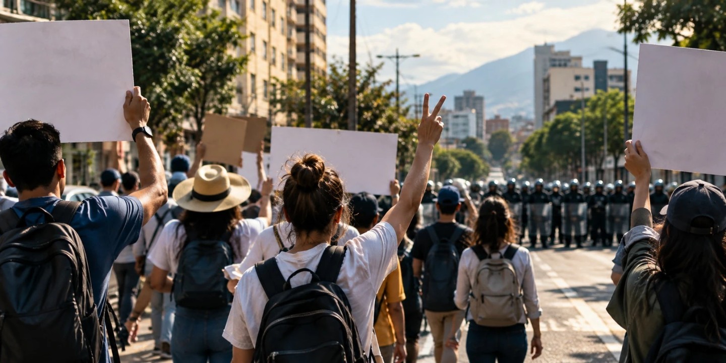 Manifestantes pacíficos marchan frente al Esmad en Colombia Manifestantes de espaldas levantan pancartas en blanco y hacen la señal de paz durante una marcha pacífica, con una línea de policía antidisturbios al fondo