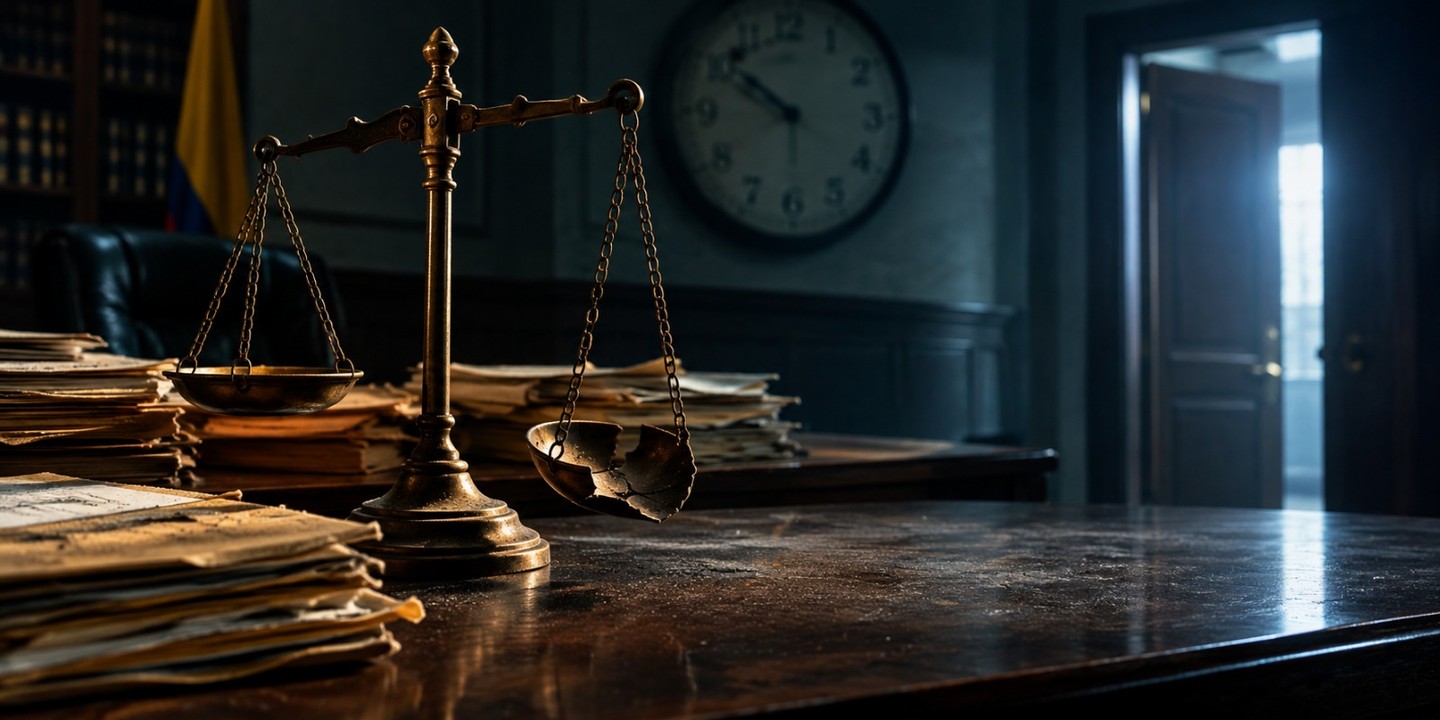 Balanza de bronce con un platillo roto sobre un escritorio de madera oscura, expedientes amarillentos, un reloj de pared y una puerta entreabierta con luz fría en un despacho judicial